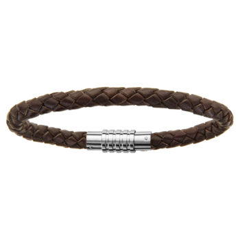 Bracelet acier et cuir tressé marron