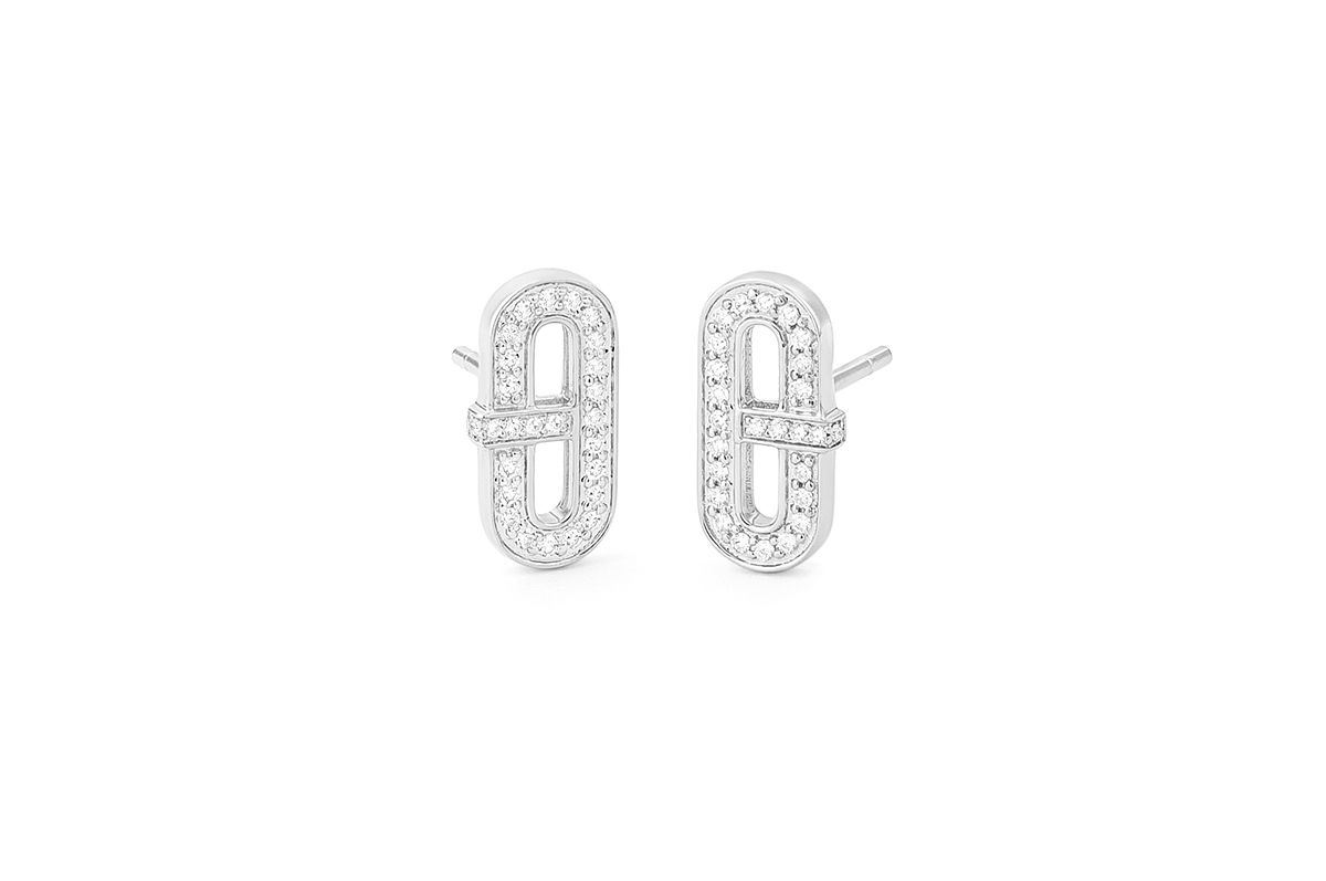 Boucles d'Oreille Or Blanc Motif Ovale Serti De Diamants
