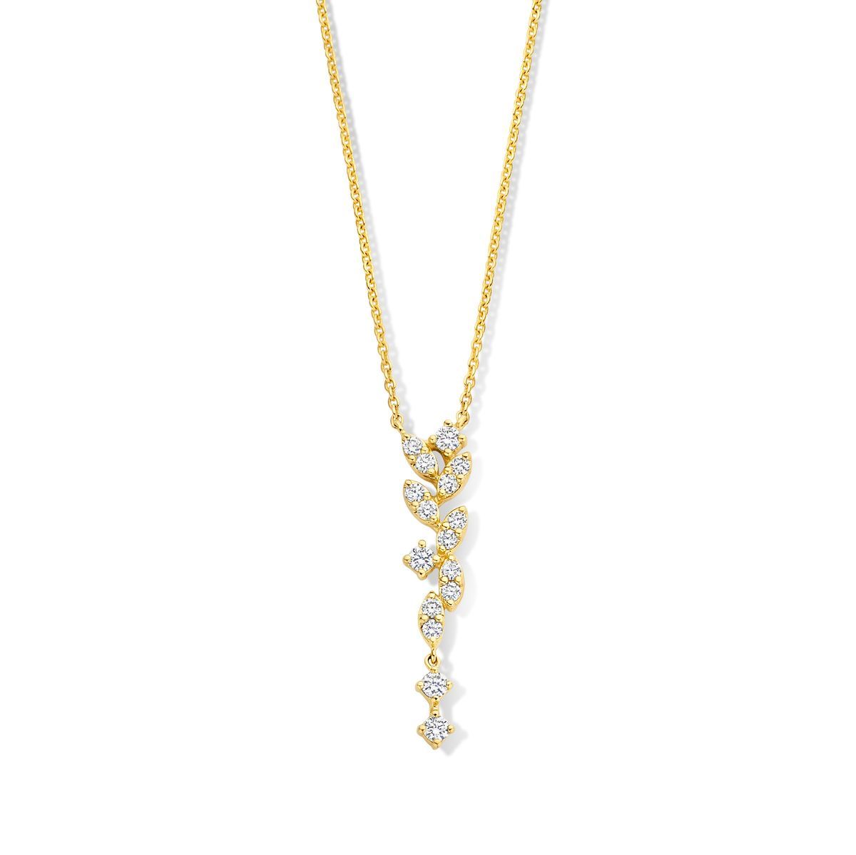 un collier en or jaune orné de diamants. Le pendentif est composé de plusieurs petits diamants sertis sur une fine chaîne en or, formant un motif qui évoque des feuilles ou des branches stylisées. Le collier est élégant et délicat.