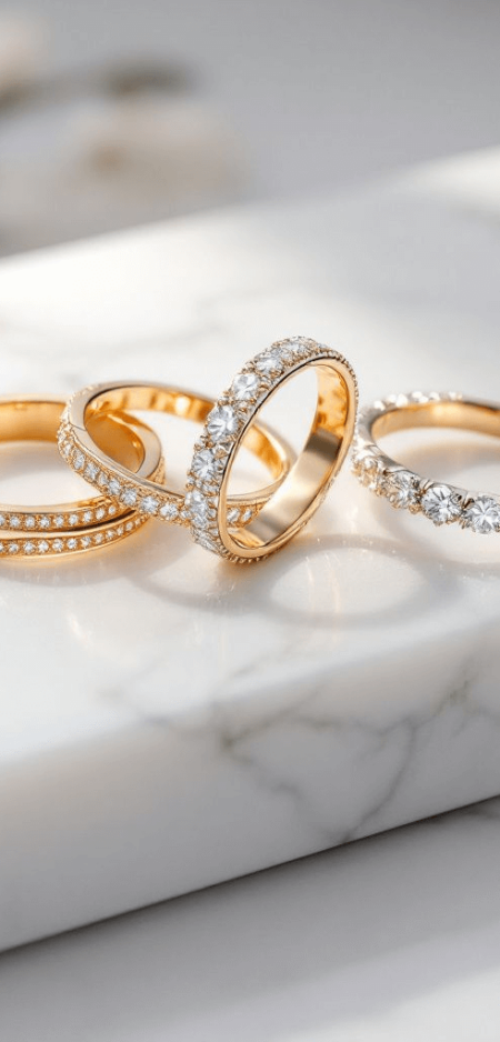 4 alliances pour femme serties de diamants posées sur un marbre blanc. il y a 2 demi tours diamants et 2 tours complet