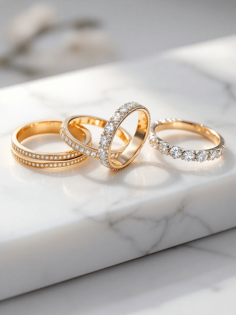 4 alliances pour femme serties de diamants posées sur un marbre blanc. il y a 2 demi tours diamants et 2 tours complet