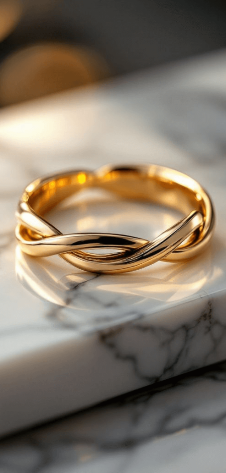 alliance pour femme en or avec un corps qui s'entrelace. posé sur du marbre blanc