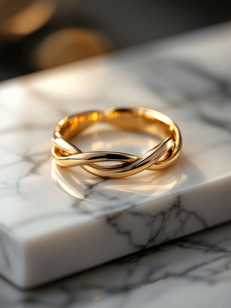 alliance pour femme en or avec un corps qui s'entrelace. posé sur du marbre blanc