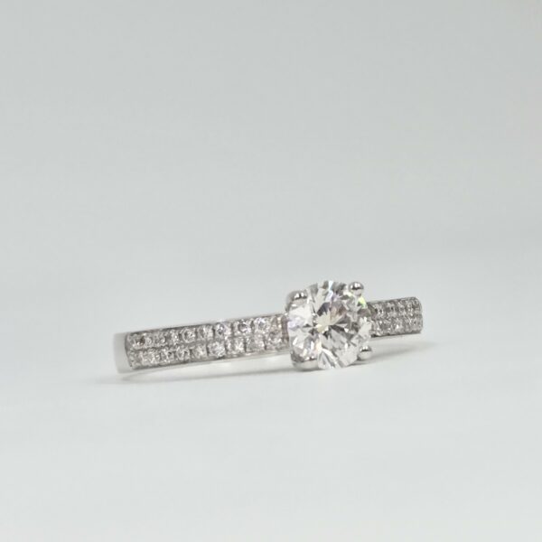 Solitaire diamant en or blanc avec anneau pavé double rang, serti griffes