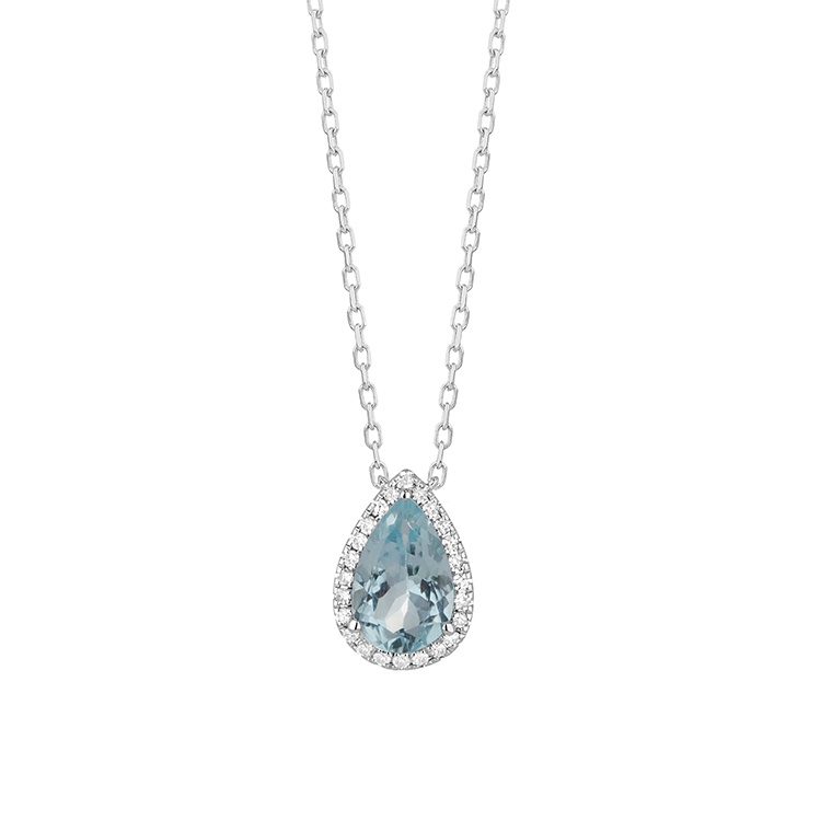 Collier en or blanc avec pendentif aigue-marine taille poire entourée de diamants