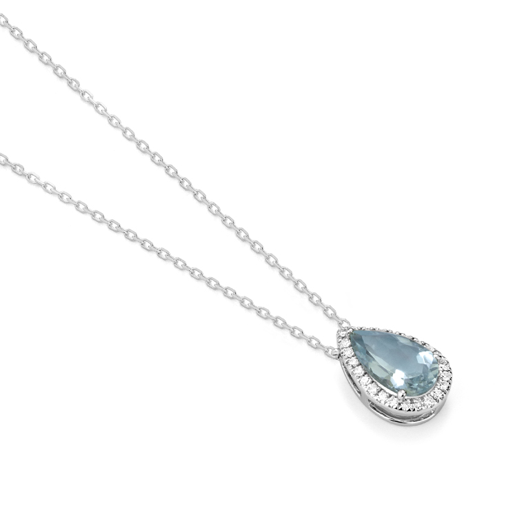 Collier en or blanc avec pendentif aigue-marine taille poire entourée de diamants