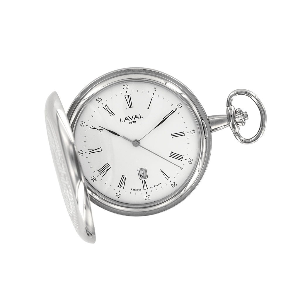 montre de poche en laiton argenté avec cadran blanc à chiffres romains et date à 6 heures