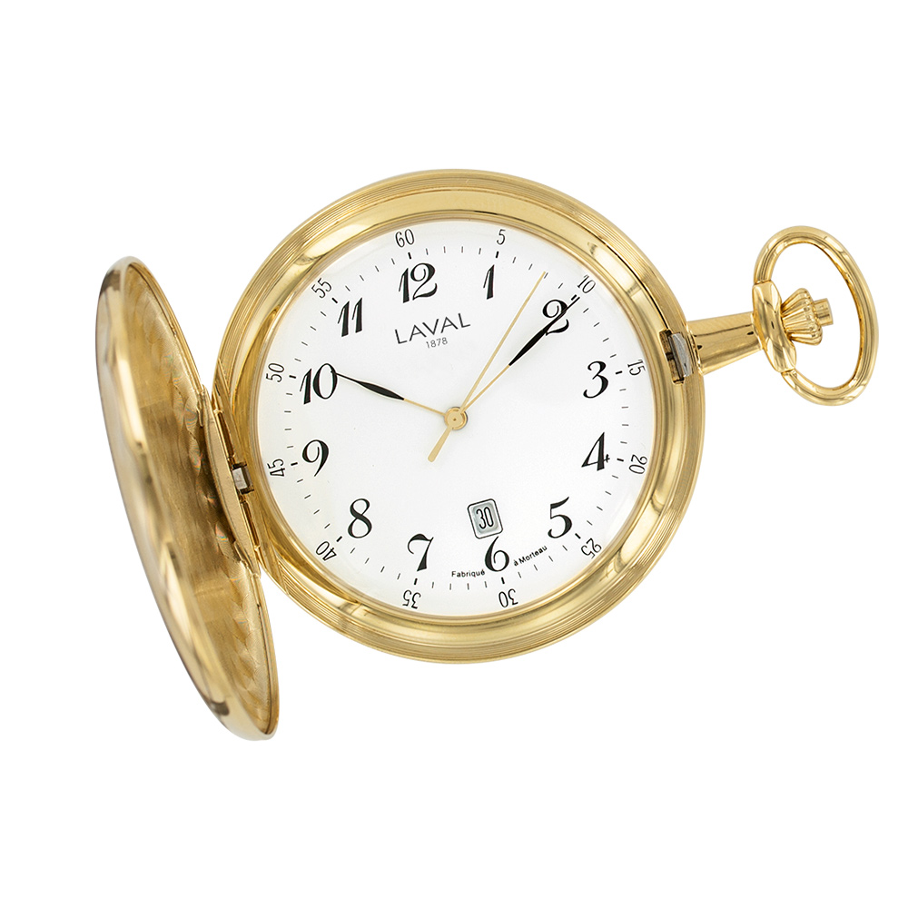 Montre de poche en laiton doré avec couvercle, cadran blanc, chiffres arabes et date à 6h