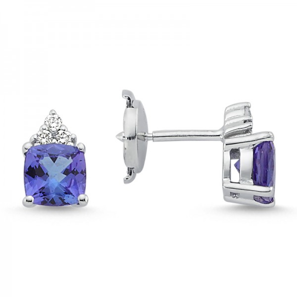 puces d’oreilles en or blanc avec tanzanites coussin et trio de diamants blancs