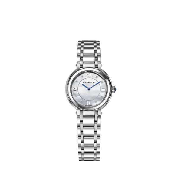 Montre Herbelin en acier avec cadran nacré, chiffres romains et index diamantés