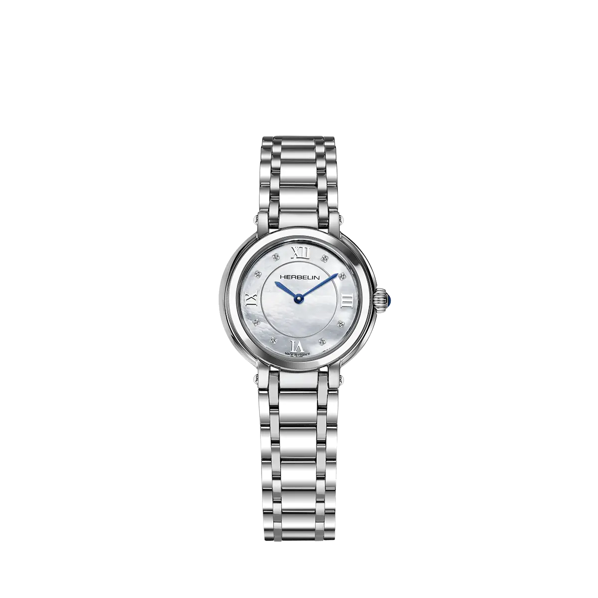Montre Herbelin en acier avec cadran nacré, chiffres romains et index diamantés
