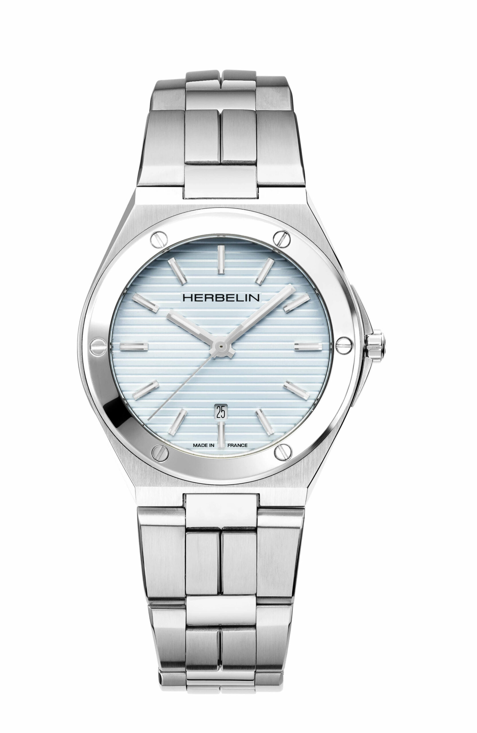 Montre en acier Michel Herbelin avec cadran bleu clair à rayures et date à 6 heures