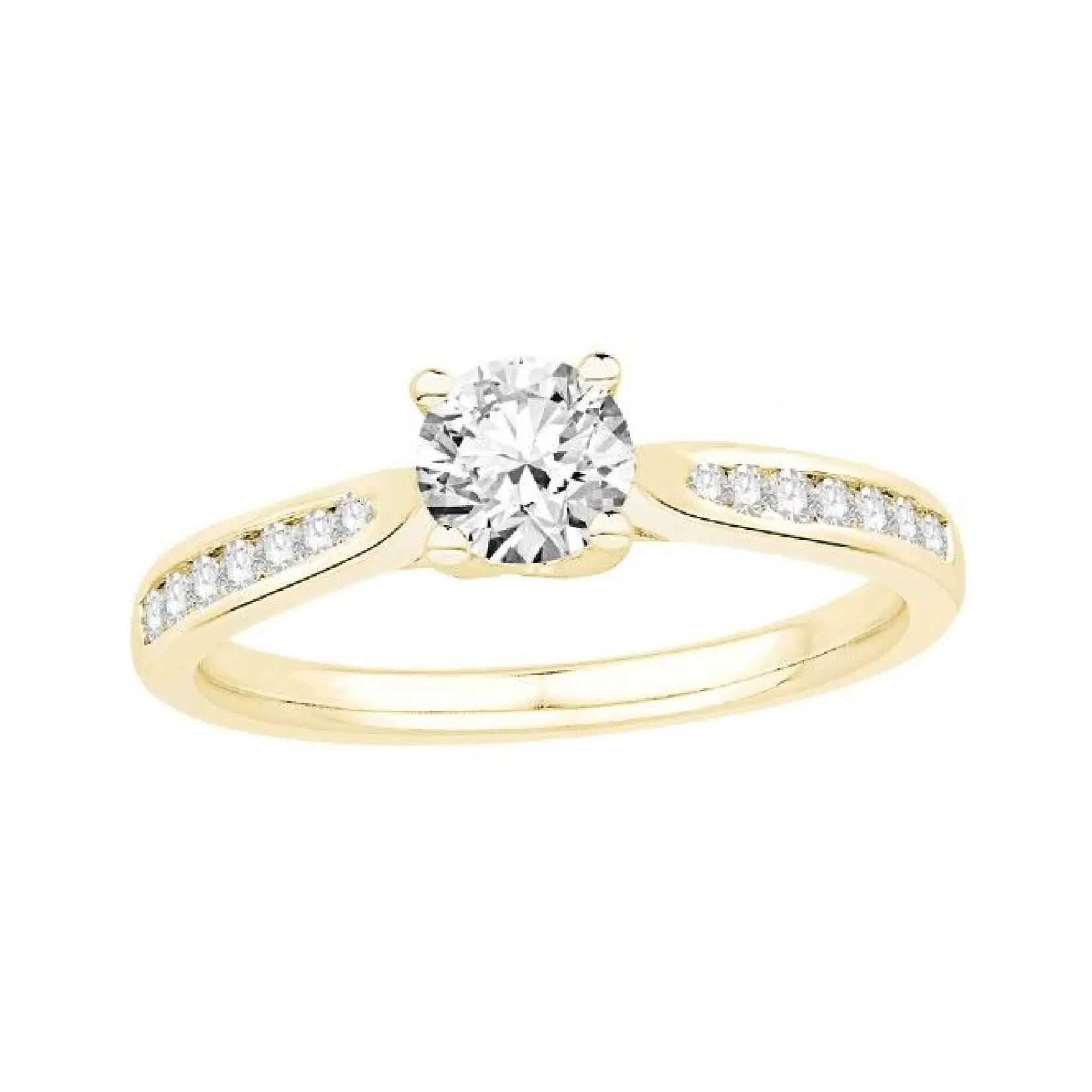 bague solitaire en or jaune avec diamant central et diamants sur les côtés