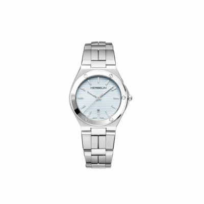 Montre en acier Michel Herbelin avec cadran bleu clair à rayures et date à 6 heures