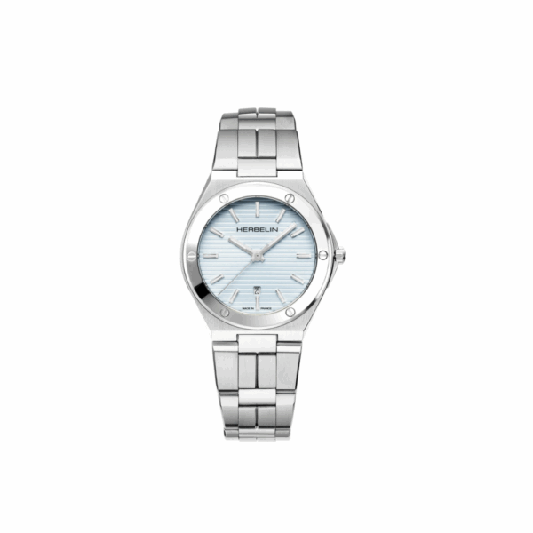Montre en acier Michel Herbelin avec cadran bleu clair à rayures et date à 6 heures