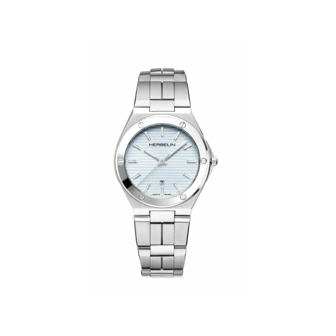 Montre en acier Michel Herbelin avec cadran bleu clair à rayures et date à 6 heures