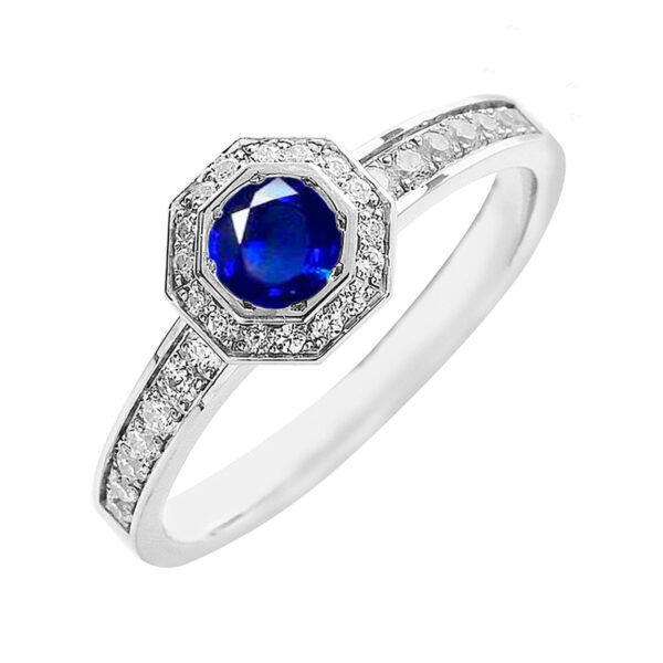 Bague or blanc Octogone Saphir et Diamants