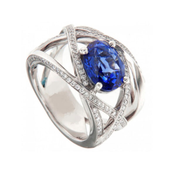 Bague or blanc Saphir bleu et diamants