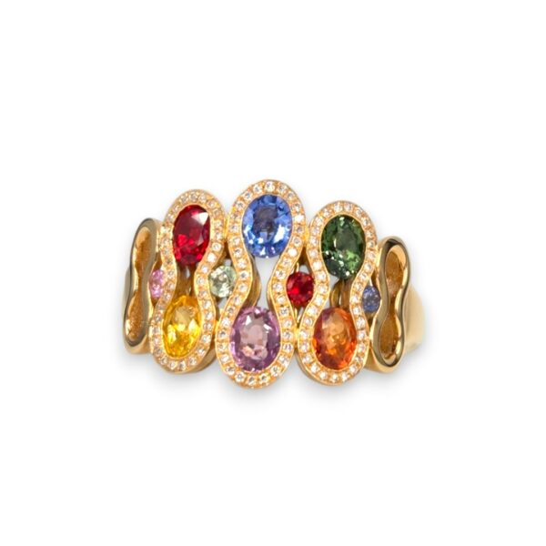 Bague "Wave" or rose Saphirs de couleurs et diamants